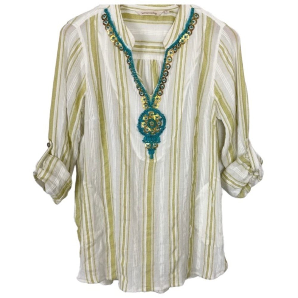 SOFT SURROUNDINGS Elisha Turquoise Beaded Cotton Stripe Tunic Top Blouse M - Picture 15 of 15